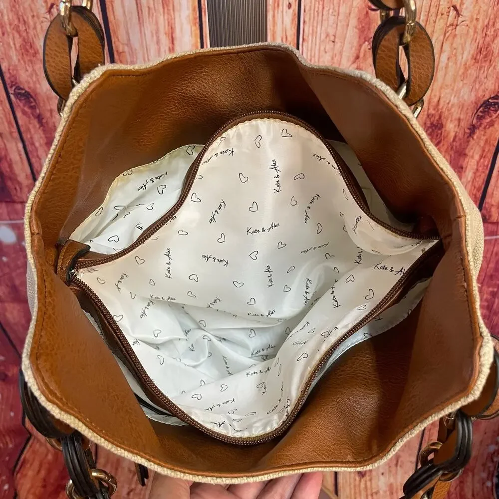 Kate & Alex Cuffaro Canvas Shoulder Hobo Bag Leather Double Strap Khaki Brown